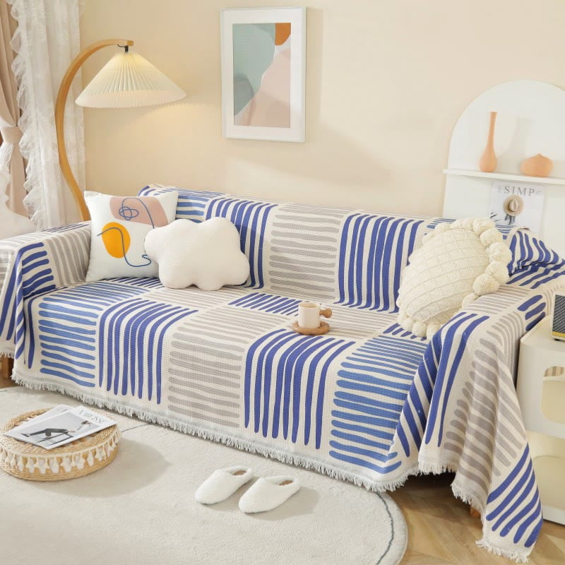 Blue & White Stripe Tassel Sofa Protector