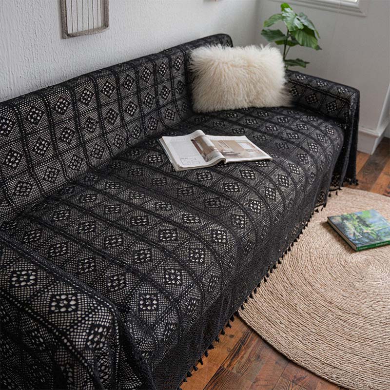 Black Hollow-Out Tassel Sofa Protector