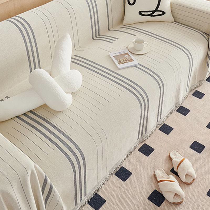 Straight Stripe Chenille Tassel Sofa Protector