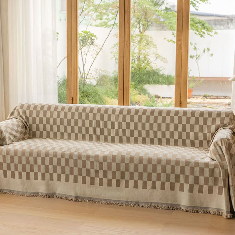 Simple Plaid Tassel Sofa Cover
