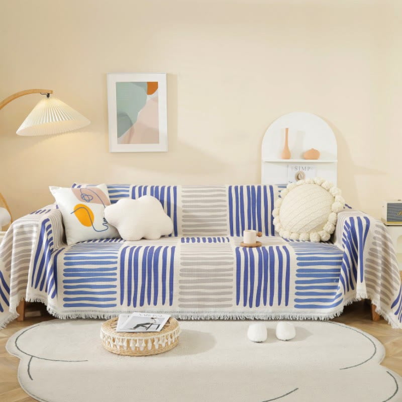 Blue & White Stripe Tassel Sofa Protector