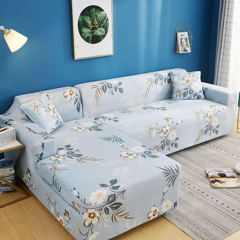 Flower Strechable Blue Sofa Cover