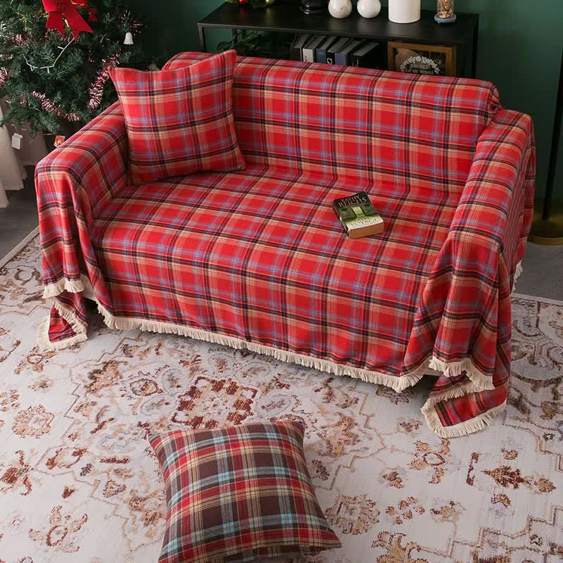 Classic Red Plaid Tassel Sofa Protector