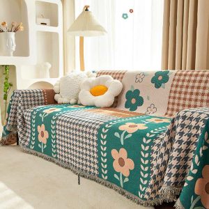 Flower Plaid Tassel Pet Couch Cover