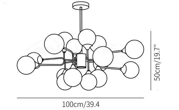 Chandelier with 16 blown white glass globes
