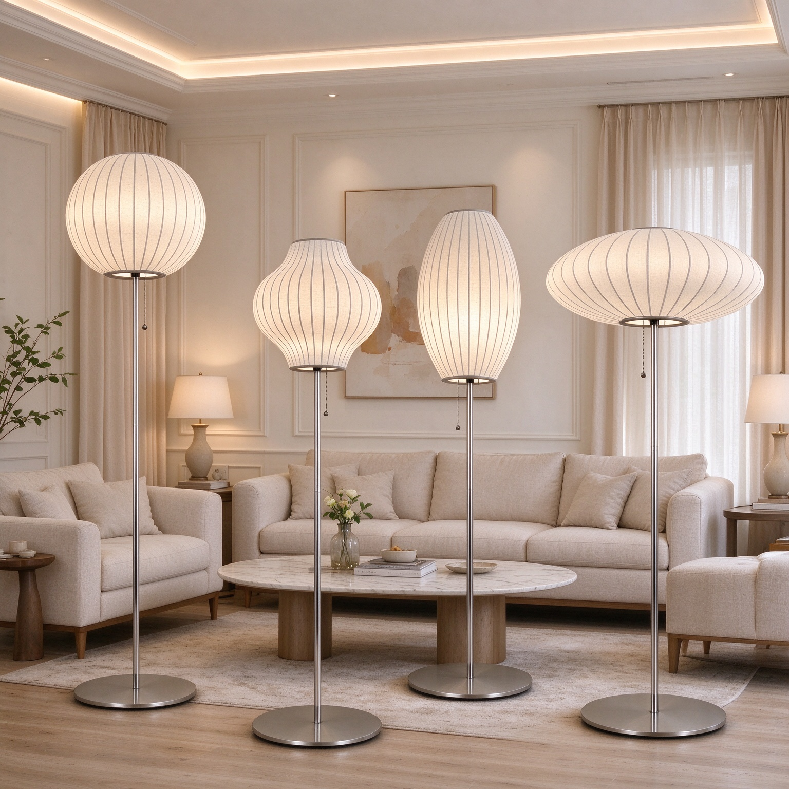 Close view of the ribbed mulberry silk shade on the chrome steel floor lamp