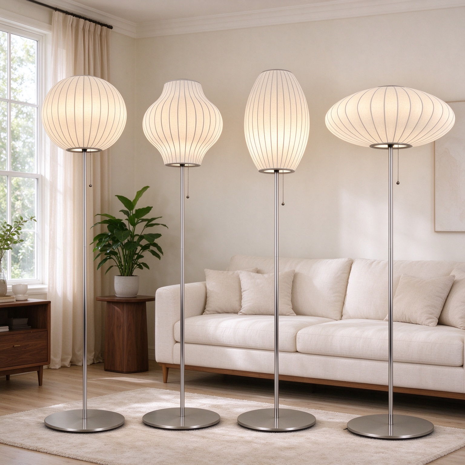 Mulberry silk floor lamp shown at full height with chrome pole and white ribbed shade