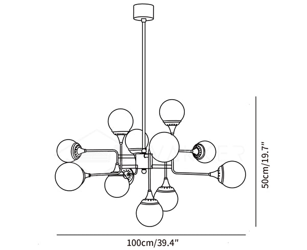 Chandelier with 12 blown white glass globes