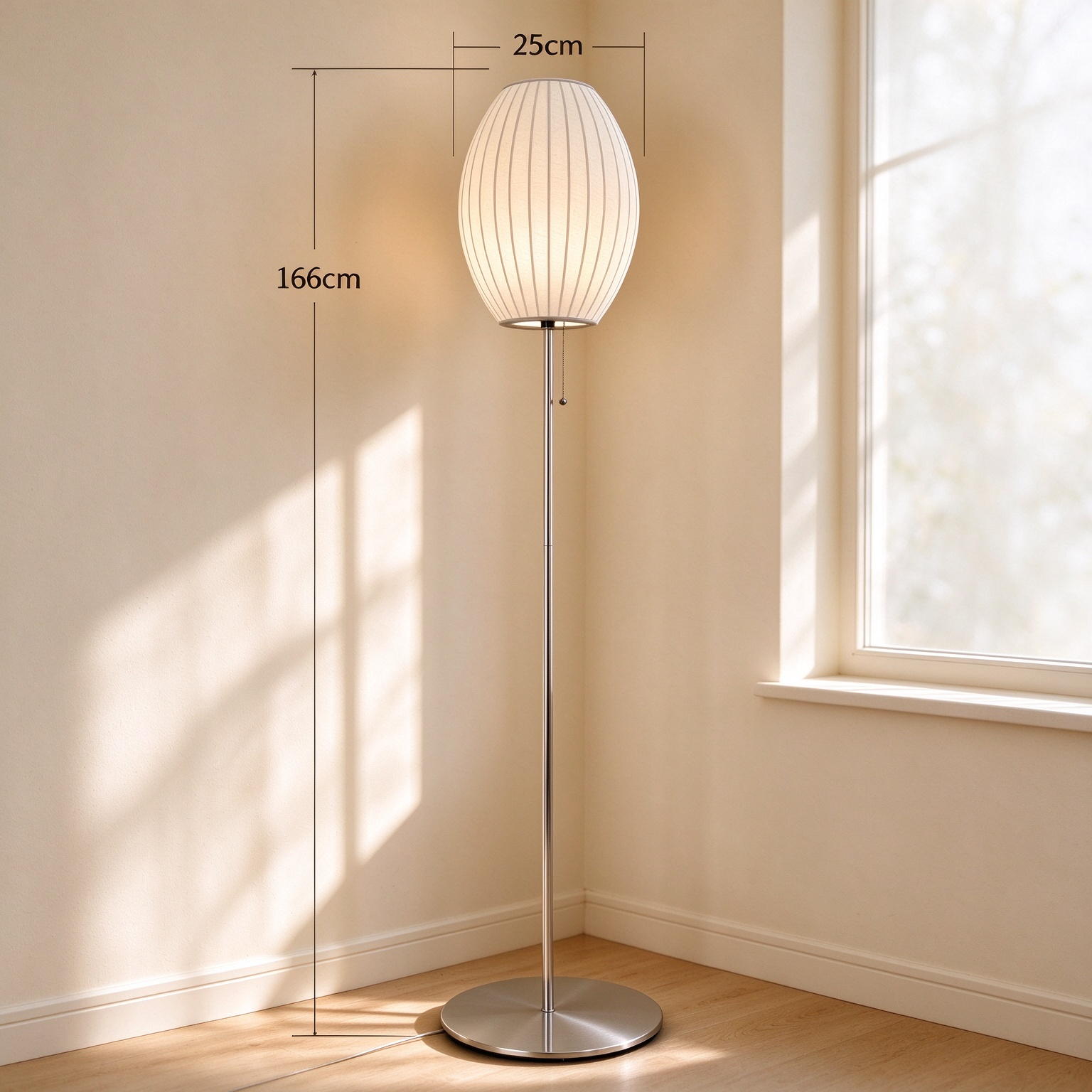 Detail of the polished chrome steel frame and base on the silk floor lamp