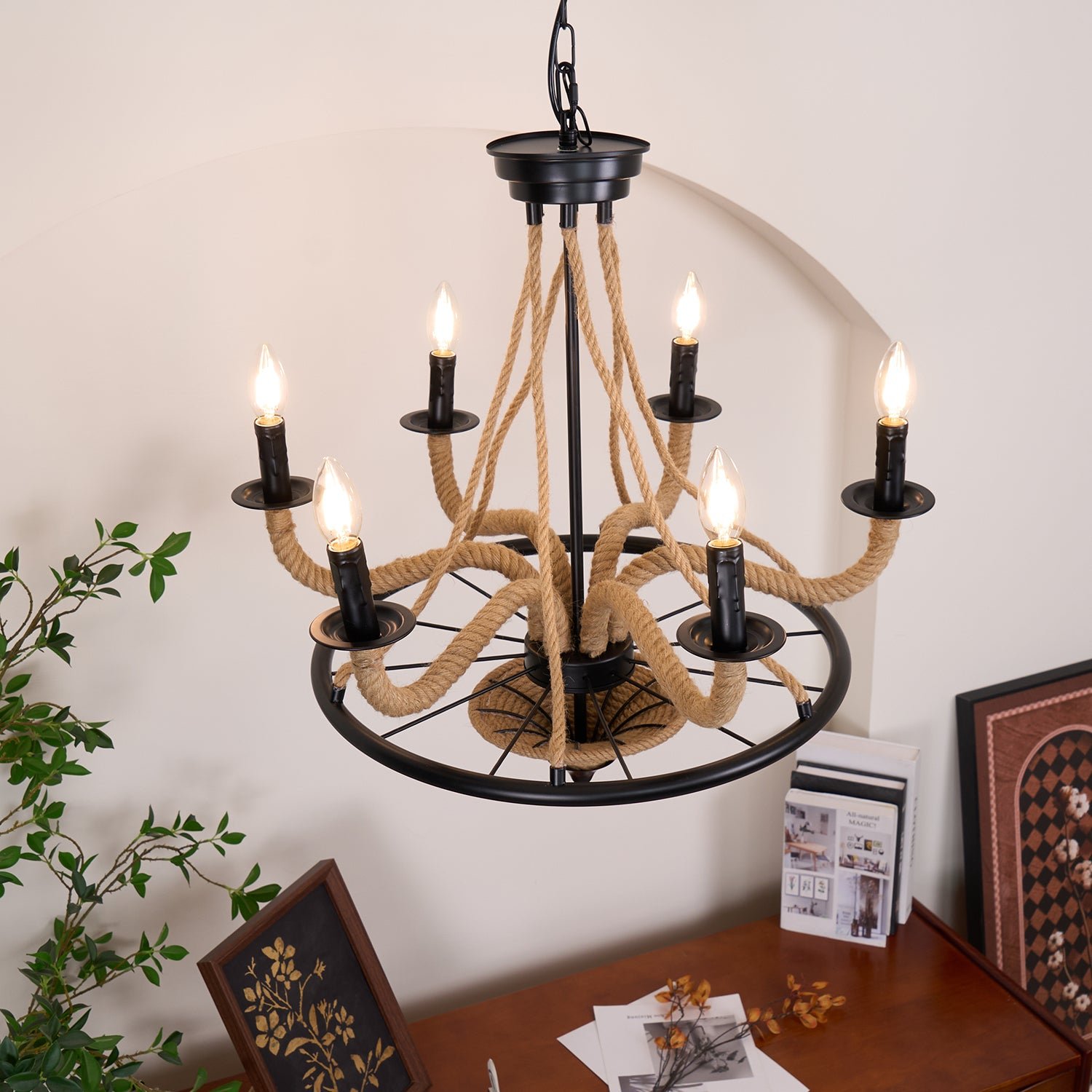black hemp rope wheel chandelier