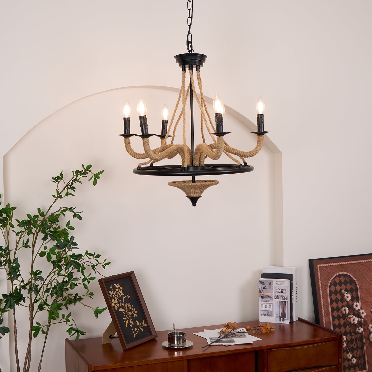 black hemp rope wheel chandelier