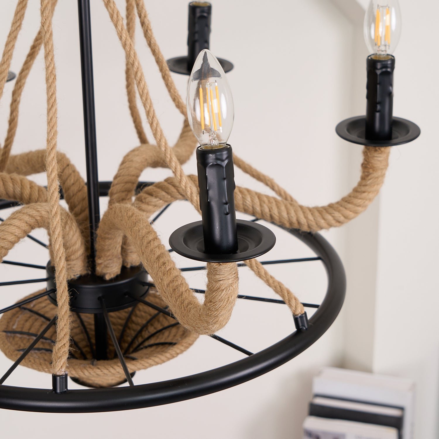 black hemp rope wheel chandelier