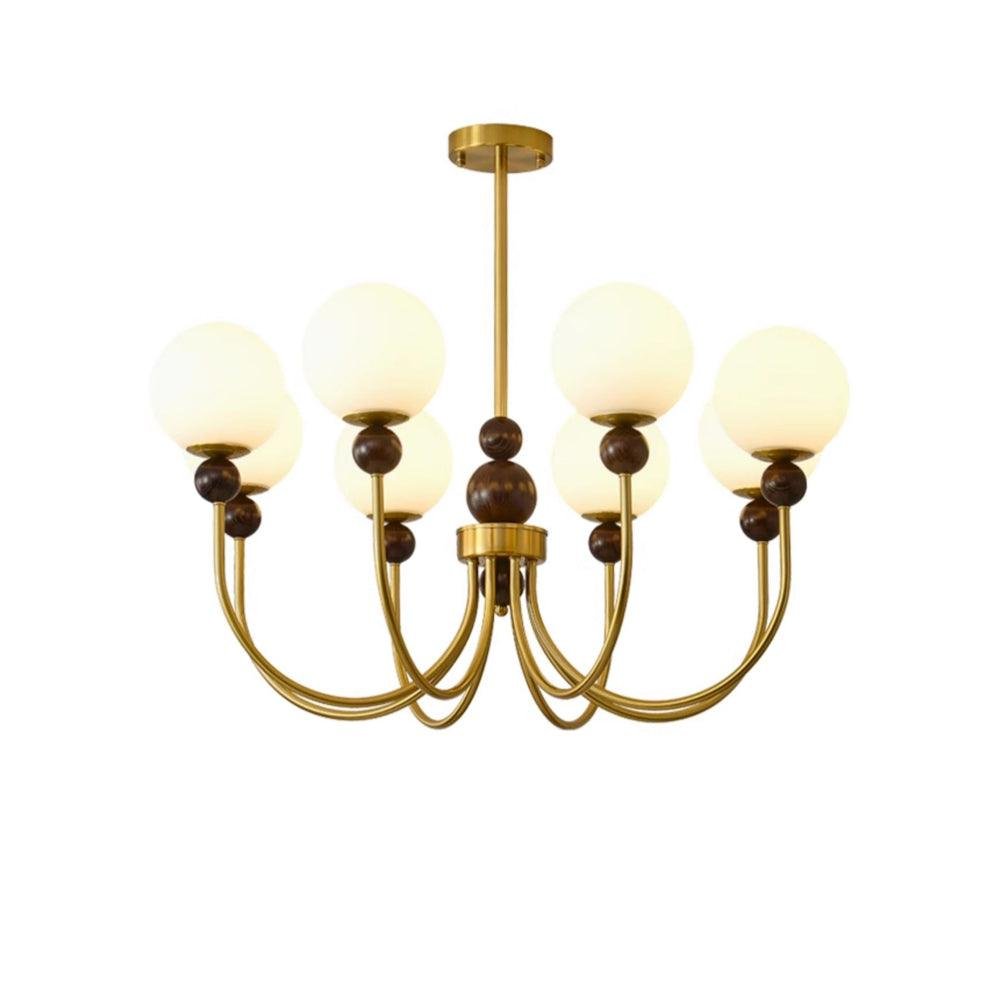 mid century walnut gold frosted glass globe chandelier