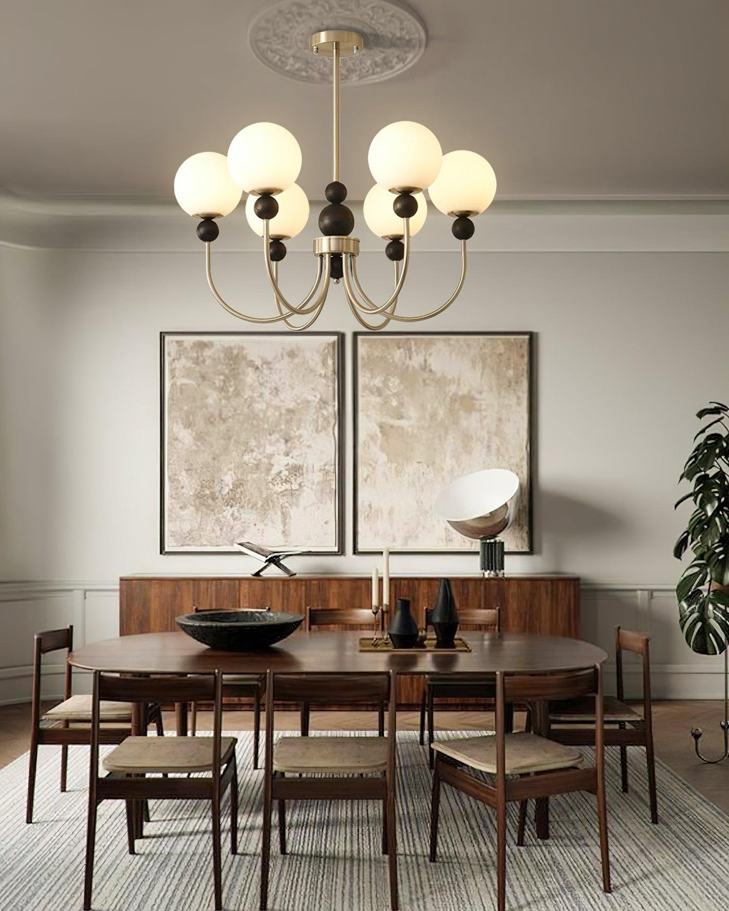 mid century walnut gold frosted glass globe chandelier