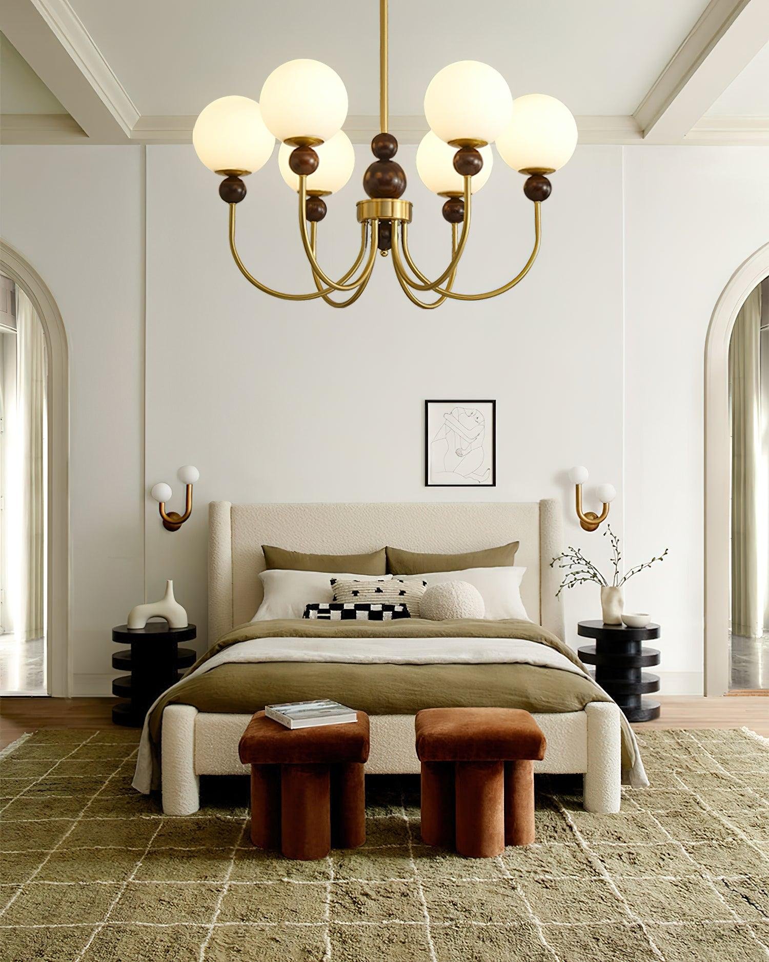 mid century walnut gold frosted glass globe chandelier