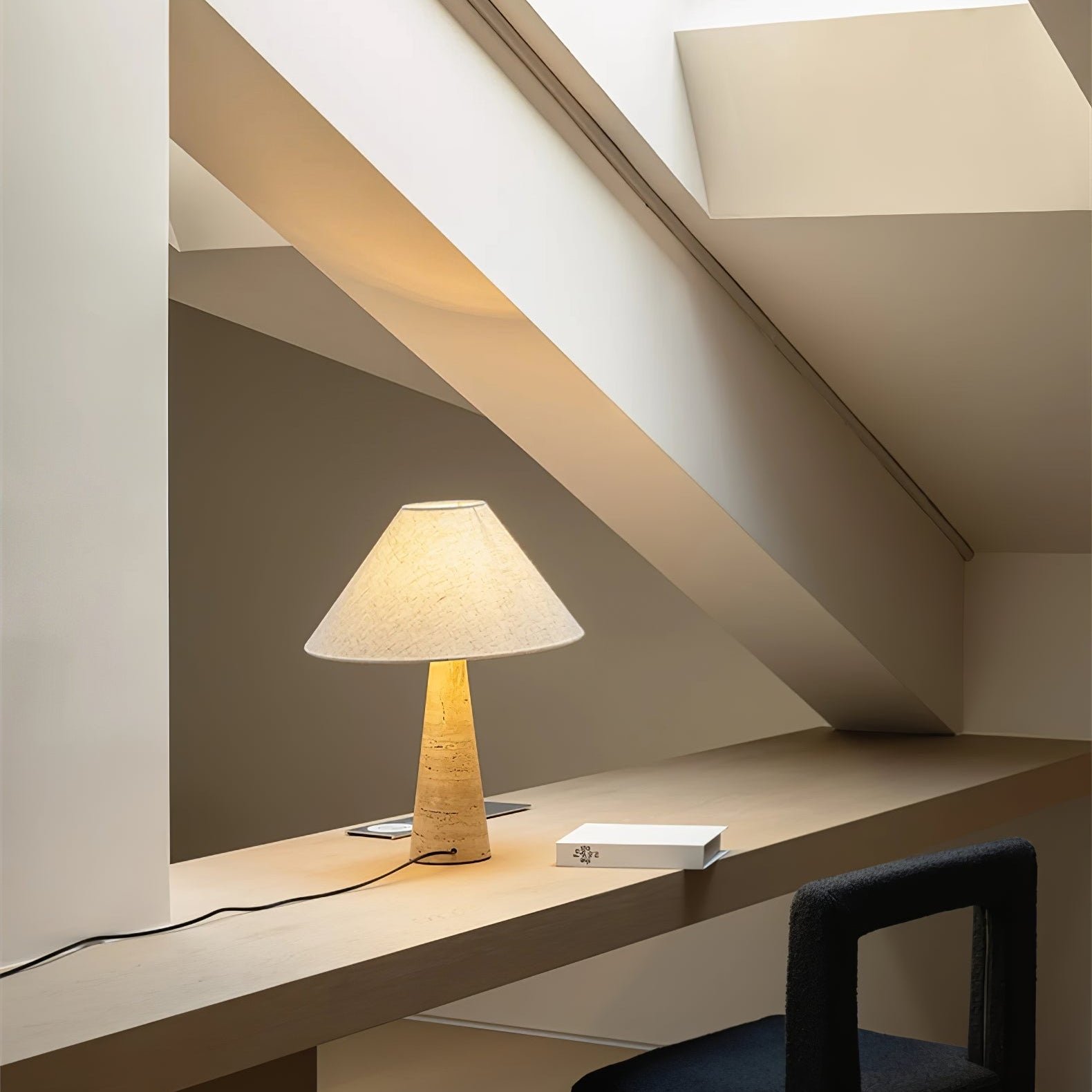 yellow travertine column table lamp off white shade
