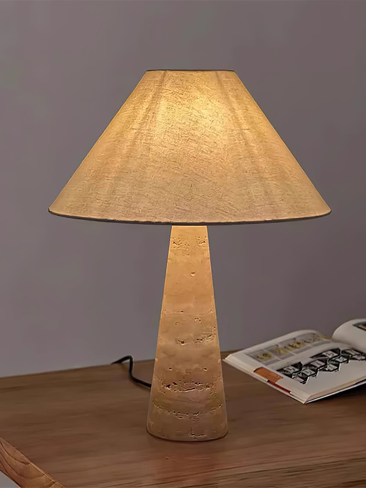 yellow travertine column table lamp off white shade