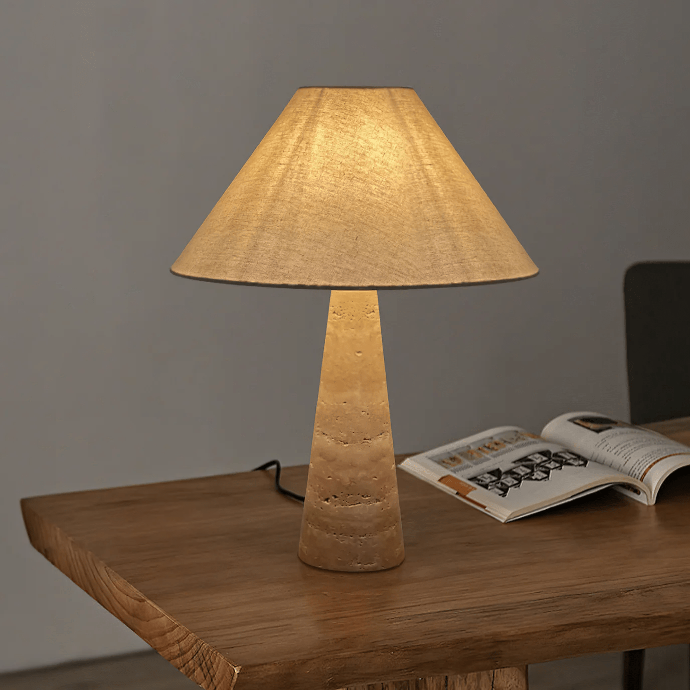 yellow travertine column table lamp off white shade
